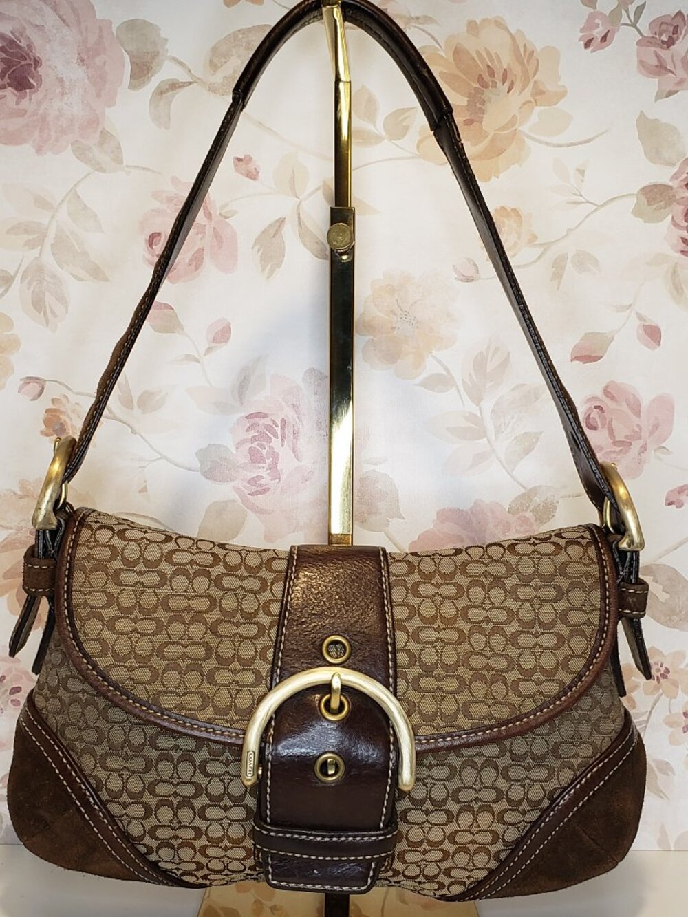 Vintage COACH Y2K Soho Signature Canvas & Brown Suede Leather Shoulder Bag #6818